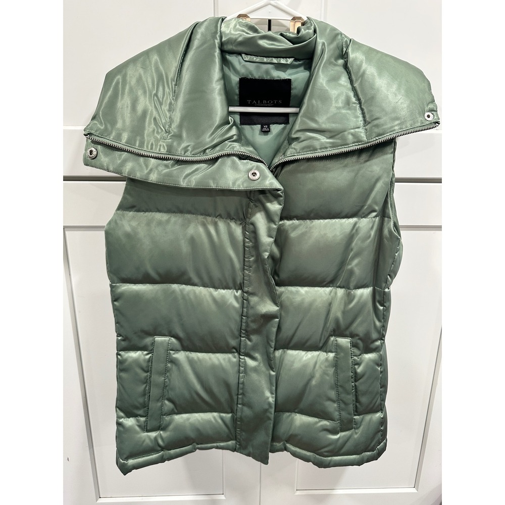 Talbots XS Womens Green Puffer Vest Full Zip Sleeveless Collared Outerwear